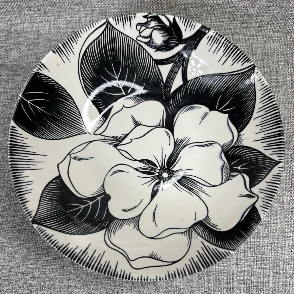 Homer Laughlin Dura Print Malay‎ Black White Floral Pattern 1950 MCM Soup Bowl